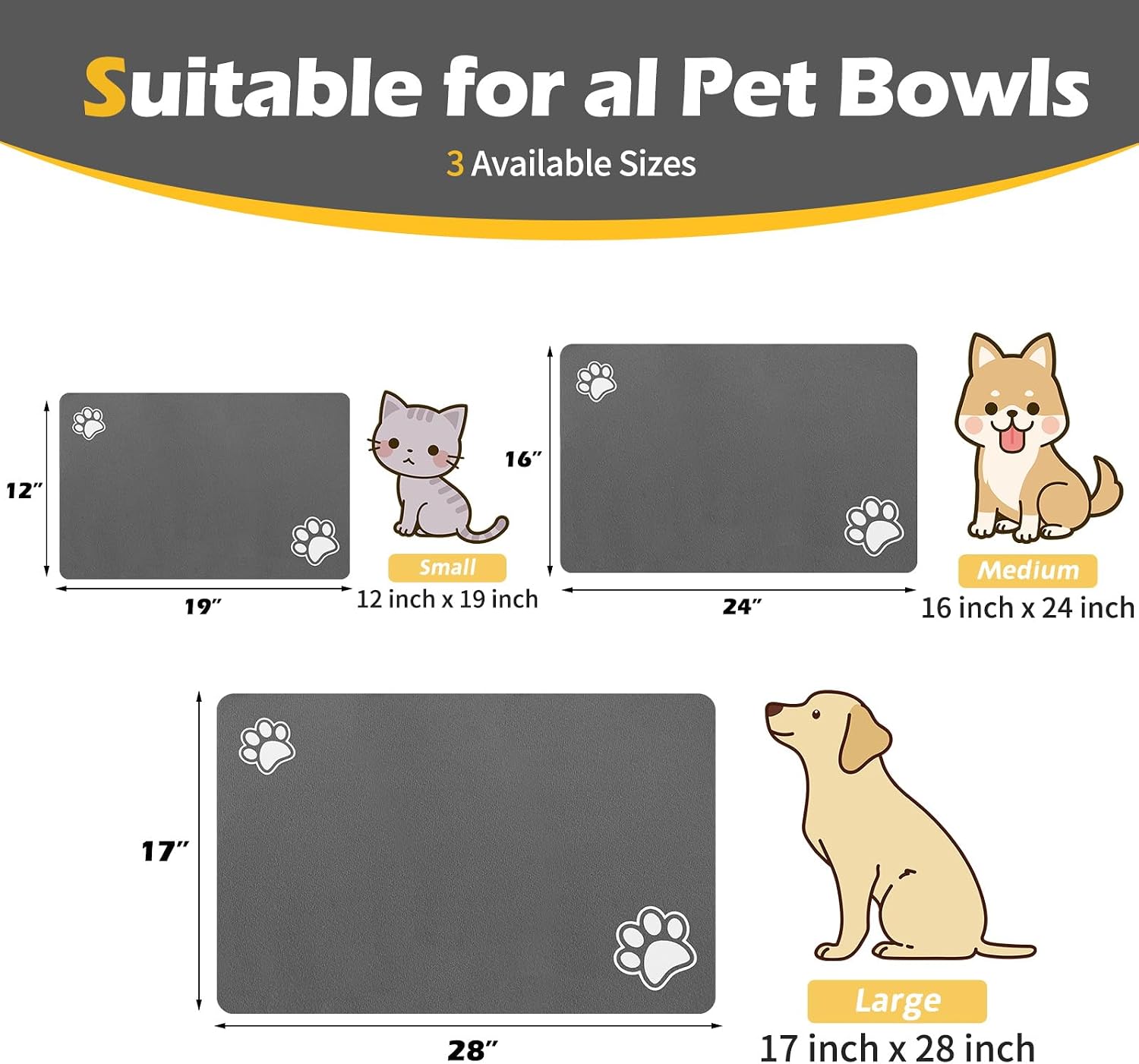 Pet Feeding Mat-Absorbent Dog Mat for Food and Water Bowl-Dog Accessories Pet Supplies-Dog Water Bowl for Messy Drinkers-No Stains Quick Dry Dog Water Dispenser Mat (12"x19", Dark Grey)