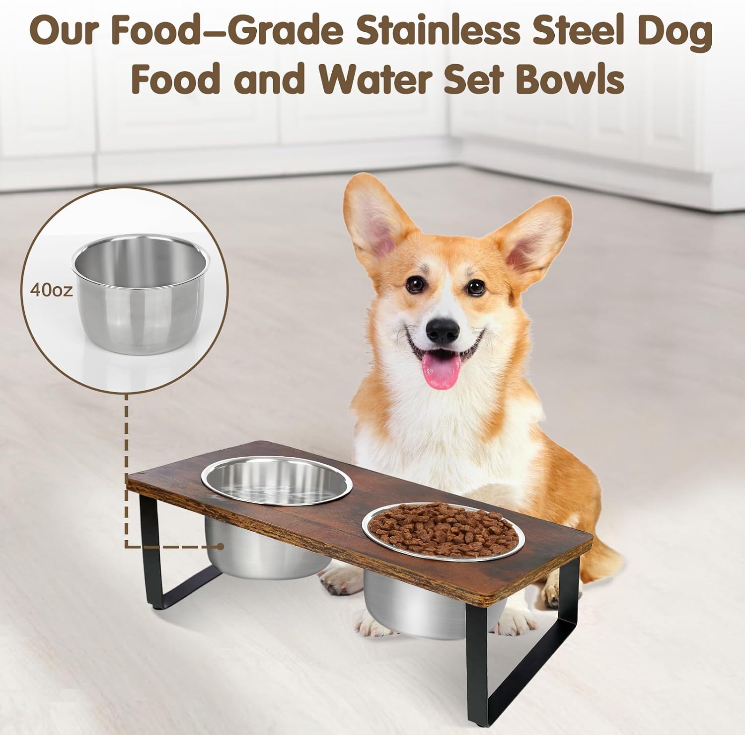 Elevated Dog Bowls for Small Medium Wood Dogs Raised Bowl Stand with 2 Stainless Steel Deep Dog Food and Water Bowls, Anti Vomit, Non-Slip Feeding Dishes(Tilted??3 inches in Height, 40oz