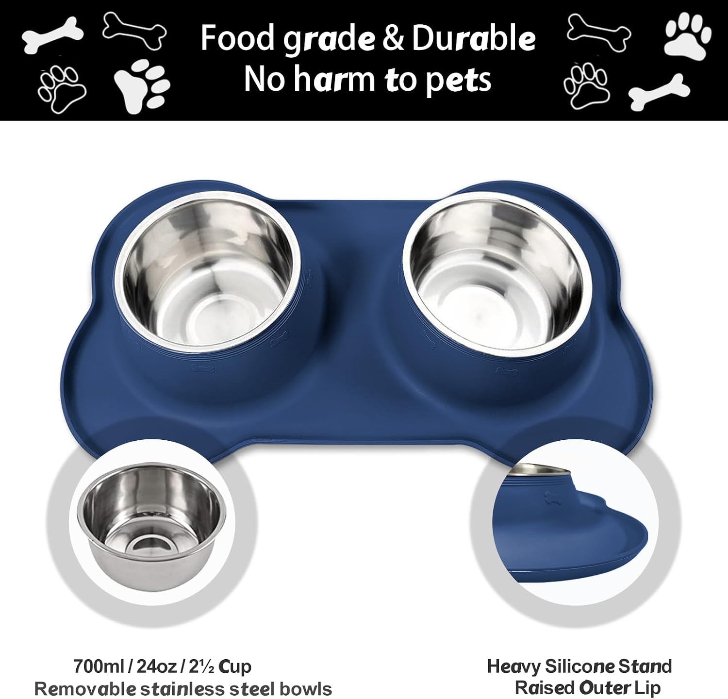Dog Food Bowls Stainless Steel Dog Food & Water Bowl Set with No Spill No Slip Silicone Mat, Dog Dishes for Small Medium Size Dogs Pet Cat Puppy Food Feeding Bowls, Blue, 24oz, 3 Cup
